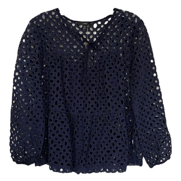 J. Crew Navy Blue Embroidered Eyelet Tiered Long Sleeve Top NWT Size Extra Small - Picture 1 of 5